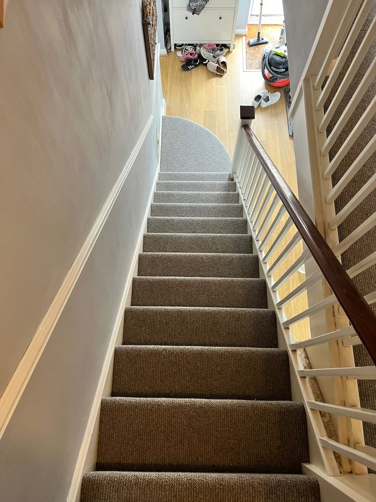 Landing and staircase supply and fit in Cormar’s Malabar loop pile carpet, colour Rhino 4
