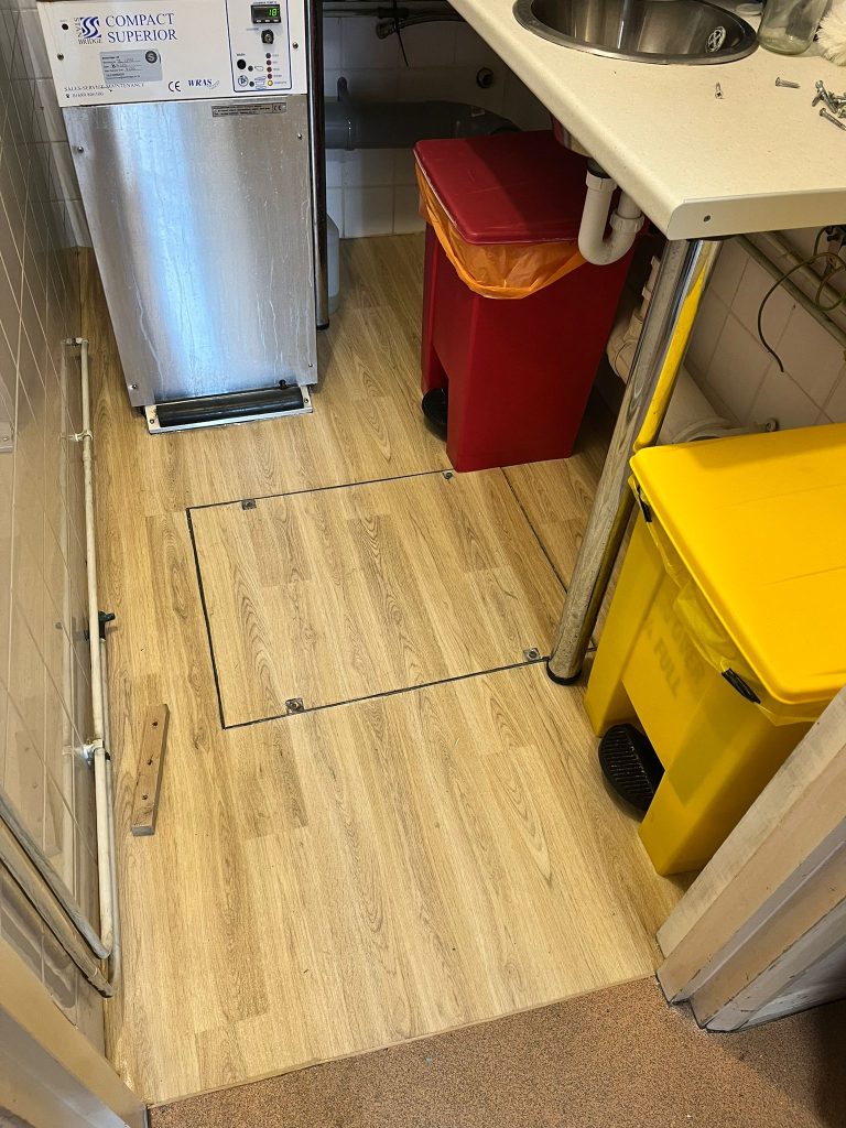 Nursing home residents room and sluice room supplied and fitted in Polysafe Wood FX safety flooring. Floor was prepared using a latex smoothing compound. Old floor was uplift and disposed of.