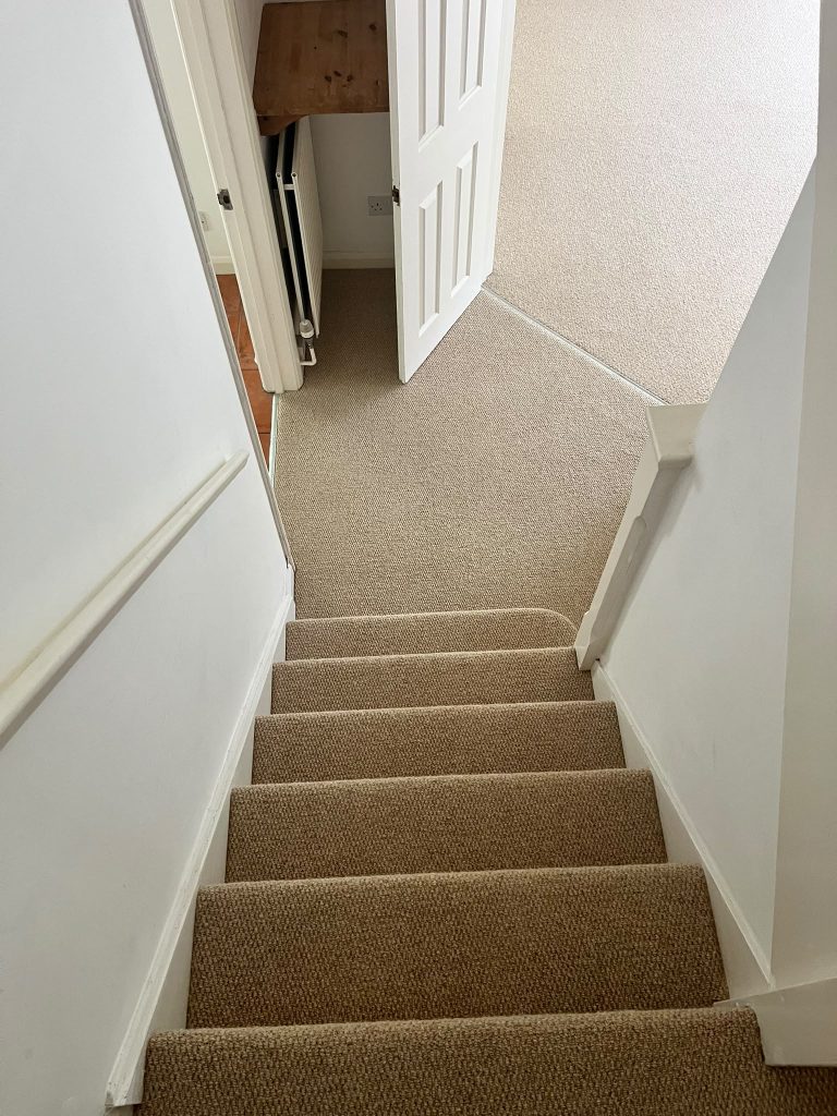 Rental property completed for a local Estate Agent. Lounge, dining room, porch, hall, stairs and landing supplied and fitted in Likewise Shanklin Wool Loop pile carpet, colour beige weave 03