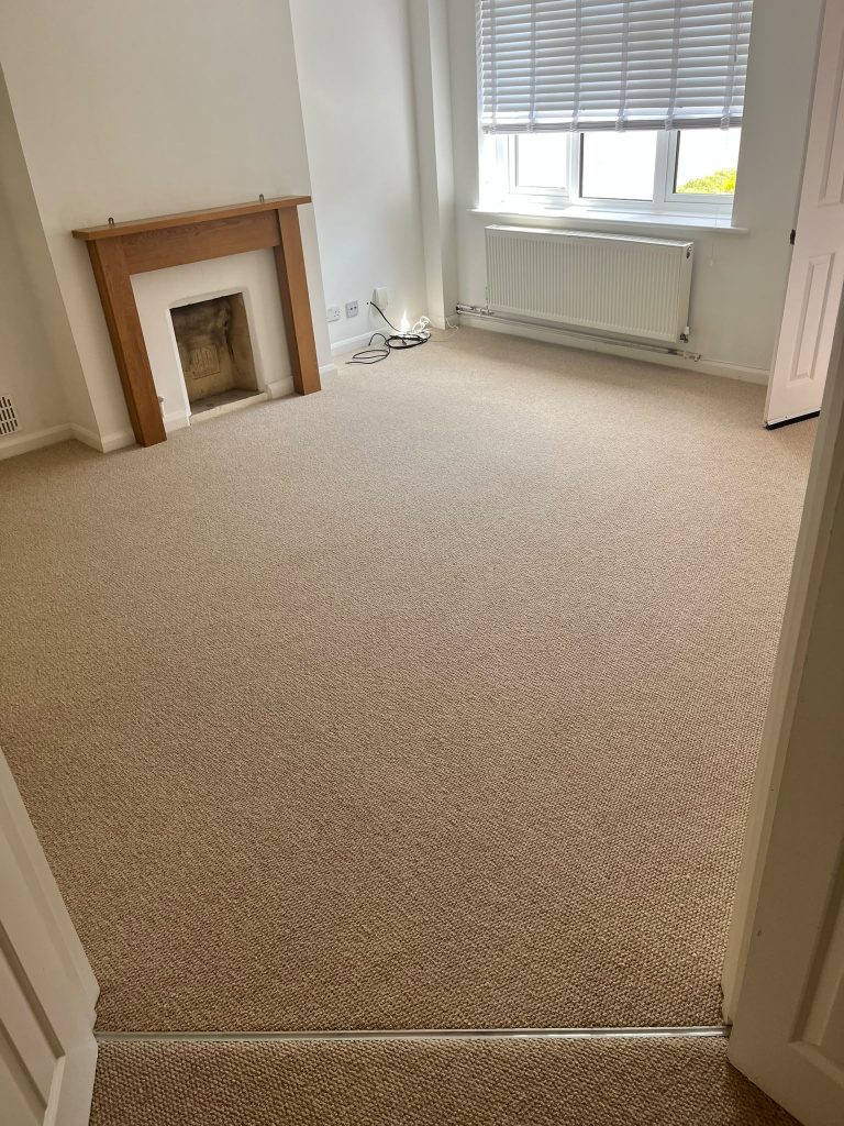 Rental property completed for a local Estate Agent. Lounge, dining room, porch, hall, stairs and landing supplied and fitted in Likewise Shanklin Wool Loop pile carpet, colour beige weave 04