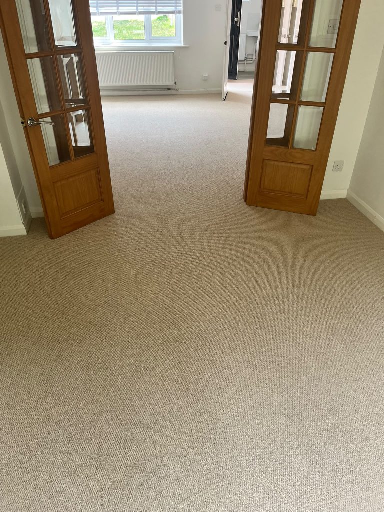 Rental property completed for a local Estate Agent. Lounge, dining room, porch, hall, stairs and landing supplied and fitted in Likewise Shanklin Wool Loop pile carpet, colour beige weave 05