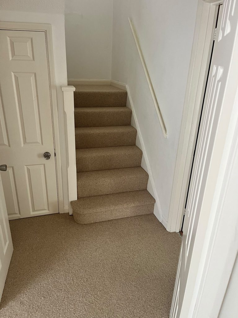 Rental property completed for a local Estate Agent. Lounge, dining room, porch, hall, stairs and landing supplied and fitted in Likewise Shanklin Wool Loop pile carpet, colour beige weave 06