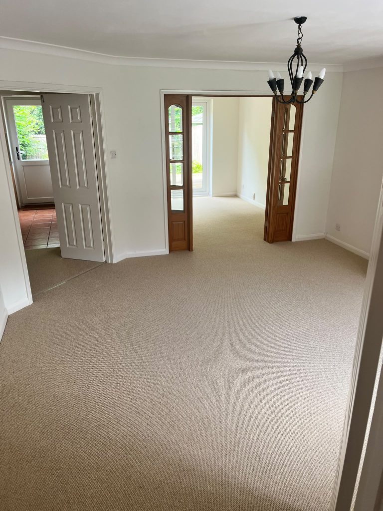Rental property completed for a local Estate Agent. Lounge, dining room, porch, hall, stairs and landing supplied and fitted in Likewise Shanklin Wool Loop pile carpet, colour beige weave 07