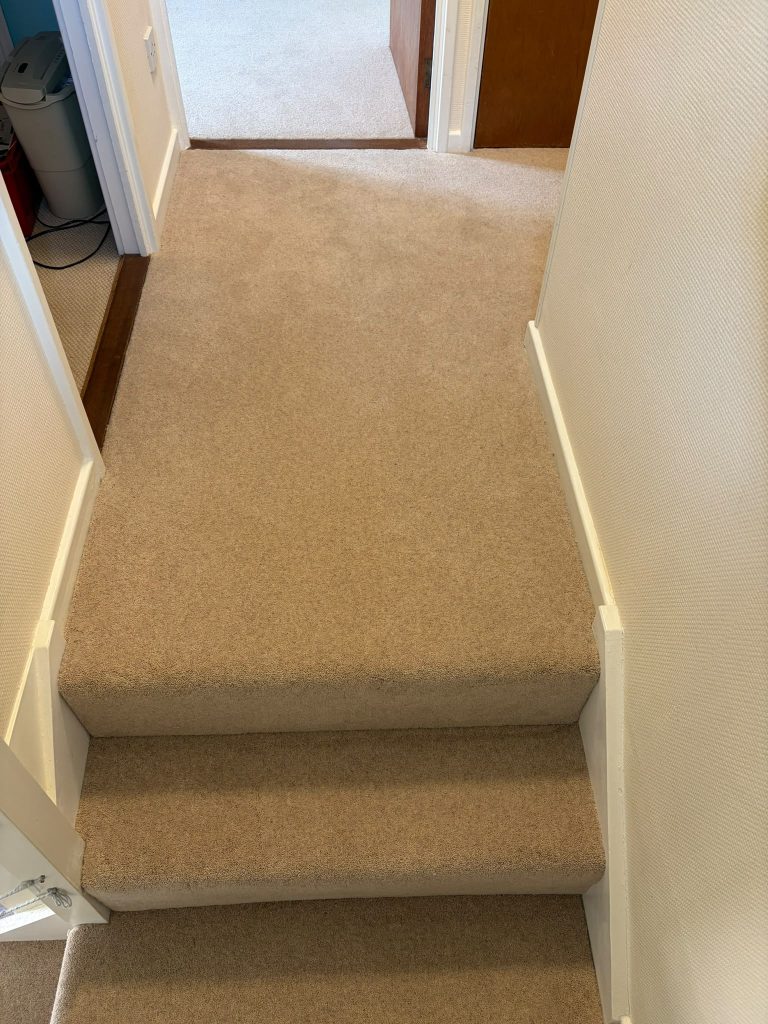 Stairs, landing and bedroom supplied and fitted in Cormar’s Woodland Heather Twist Deluxe carpet, colour Pine Nut 03